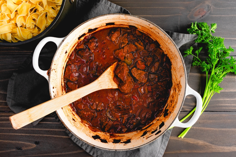 German,Goulash,Simmered,In,An,Enameled,Dutch,Oven:,Beef,Simmered